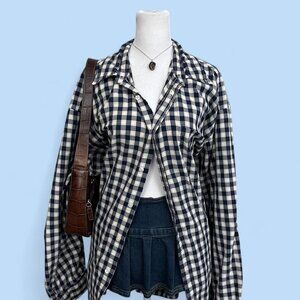 y2k navy white cream plaid preppy western skater flannel button up